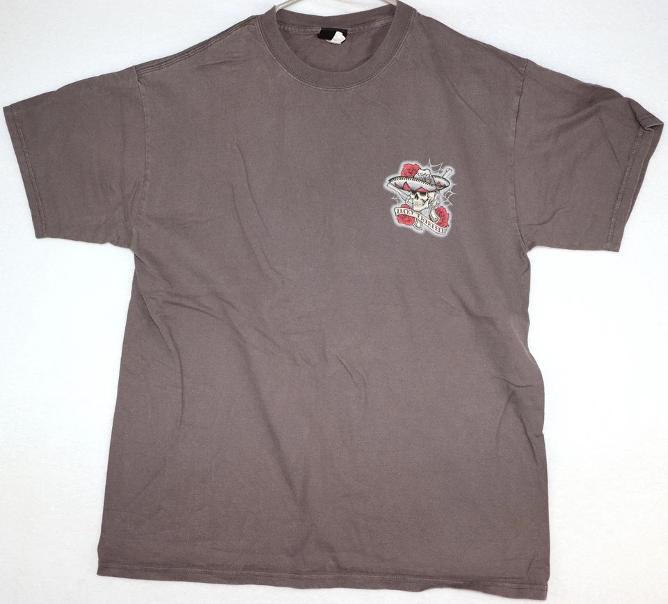 Lucky 13 衬衫男式大号棕色骷髅枪玫瑰纹身图案美国制造棉 — 第 1/4 张图片