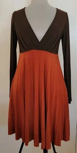 Brown & Orange Half 'n Half Dress Sz Small Midi Flaired School Librarian Hipster - Picture 1 of 11