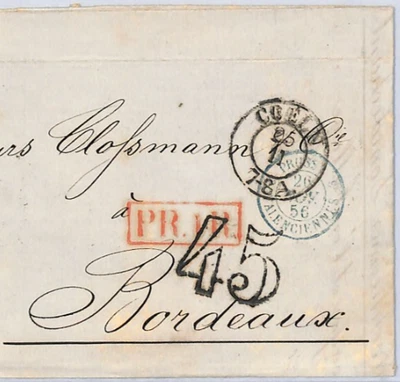 Germany States PRUSSIA Cover Cologne 1856 Letter LEIDEN Cachet Bordeaux XK204 - Image 1 of 4
