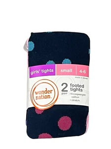 Wonder Nation 2 Pack Girl’s Tights Blue / Pink Dot Fashion Cotton Sz S 4-6 - Picture 1 of 2