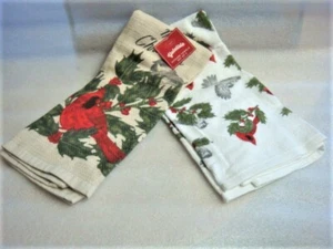 2 NWT YULE TIDE Dish Towels RED CARDINAL BIRD & HOLLY - 1 Linen & 1 Terry - Picture 1 of 5