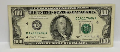 Series 1990 US One Hundred Dollar Bill $100 ~ Cleveland ~ D 14117404 A - Image 1 of 4