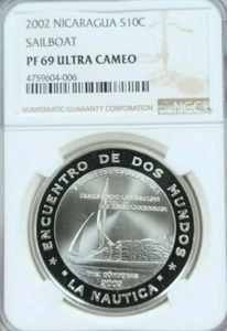 2002 NICARAGUA SILVER 10 CORDOBAS SAILBOAT NGC PF 69 ULTRA CAMEO RARE TOP POP - Picture 1 of 4