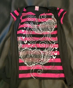 Girls S 7-8 Pink and Black Cardigan T-Shirt with Silver Winged Hearts  - Picture 1 of 4
