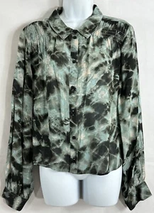 Sanctuary New Day Gr. L Batik Knopf Bluse gesmokte Schultern Kragen lang Slv - Bild 1 von 20