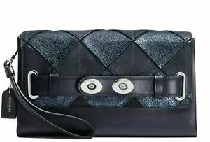 Coach Wristlet Patchwork Blake Clutch 64639 Blue Leather Flap w/ Turnlocks $325 - Picture 1 of 5