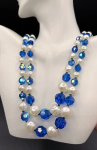 Vintage Sherman Faux Pearl/Blue Aurora Borealis Double Strand Bead Necklace, 24” - Picture 1 of 9