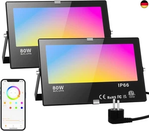 RGB LED Strahler Außen Kaltweiß 80W Fluter Smart Flutlicht Bunt Mit Bluetooth A - Bild 1 von 9