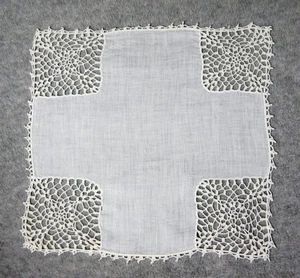 Quadratisches Einstecktuch Vintage weiß Baumwolle 111/2x111/2" handgehäkelt Eckblock - Bild 1 von 2