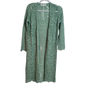 Chelsea & Theodore Crochet Knit Longline Cardigan Sweater Women Small Green Boho - Picture 1 of 11