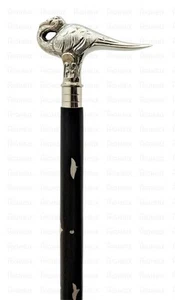 Antique Peacock Silver Handle Wooden Walking 3 Fold Black Stick Cane Vintage New - Picture 1 of 4