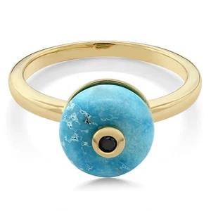 18K Yellow Gold Plated Silver 10MM Blue Simulated Turquoise and 2MM Black - Picture 1 of 3