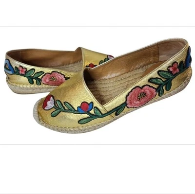 Mocasín Gucci EU 37.5 Metálico Dorado Napa Floral Zapato Plano Foto 1 de 4