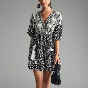 NUOVO mini abito Farm Rio in lino con maniche a sbuffo bianco e nero taglia XS Petite - Foto 1 di 6