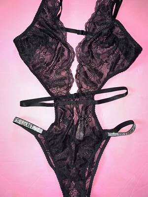 Victoria's Secret L TEDDY bodysuit One-piece Crotchless BLACK lace SHINE STRAP - Image 1 of 4