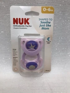 Nuk Girls Pacifier 2pk Ortho Baby Pacifiers Binkys Pink Purple Moon Star 0-6M - Imagen 1 de 12