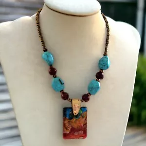 Venetian Foil Art Glass Pendant Necklace Howlite Bead 24" Vintage 1970's Boho - Picture 1 of 6