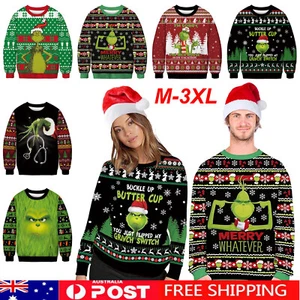 Grinch's Christmas Ugly Sweater Pullover Jumper Womens Mens Xmas Sweatshirt Tops - Picture 1 of 17