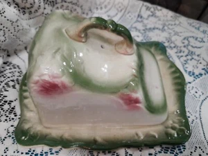Hermoso plato victoriano de mantequilla/queso verde y rosa vintage sin marca - Imagen 1 de 13