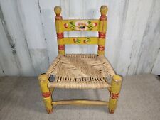 Wood Kids Chair Woven Rush Seat Folk Art Wood Rustic Farmhouse Plant Stand Vtg