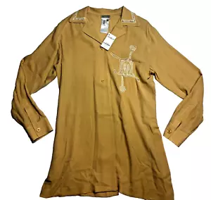 Mondi Womens Silk Top Sz M Mustard Button Up Embroidered Long Sleeve NWT - Picture 1 of 9