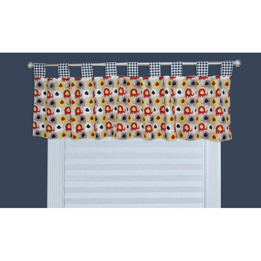 TREND LAB "ELEPHANT PARADE"  WINDOW VALANCE, 56"x15", TAN. RED,YELLOW,NAVY, NIP - Image 1 of 1