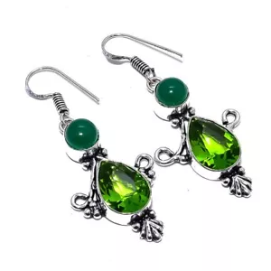 Peridot, Green Onyx Gemstone 925 Sterling Silver Earring 2.0" I292 - Picture 1 of 8