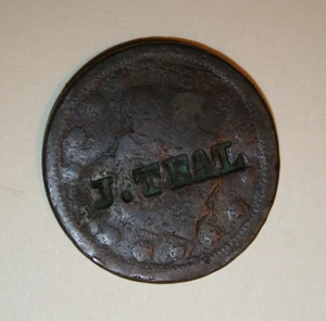 1848 Braided Hair Large Cent US Counter Stamped  "J. TEAL" - Picture 1 of 3