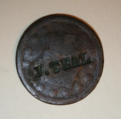 1848 Braided Hair Large Cent US Counter Stamped  "J. TEAL" - Image 1 of 3