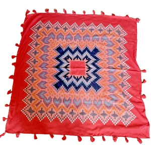 Forever 21 Lightweight Scarf Wrap Tassels Aztec Southwest Coral Cotton 41X41 NWT - Picture 1 of 11