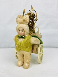 Vintage Bethany Lowe Ostern gesponnene Baumwolle Kind im Hase Kaninchen Kostüm Holz Wagen  - Bild 1 von 8