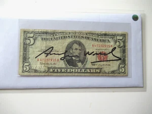 A. WARHOL: 5$ vera banconota da un dollaro colore nero originale FIRMATA DA WARHOL - Foto 1 di 5