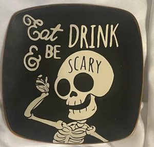 Eli + Ana Halloween Skeleton Square Plate “EAT DRINK & BE SCARY” Stoneware 9” - Picture 1 of 4