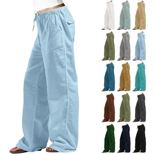 Women's Cotton Linen Long Lounge Pants High Waist Drawstring Loose Fit Trousers - Picture 1 of 66