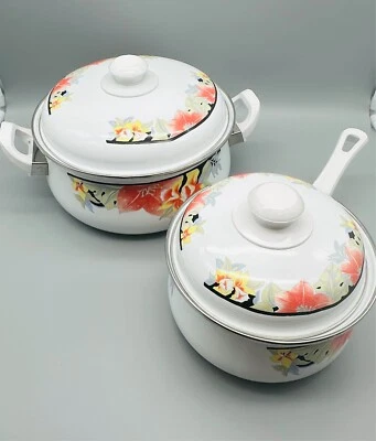 Vintage Enamel Pots Pans With Lids Set of 2 Tropical Floral Design Cookware - Image 1 of 4