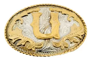 INICIAL U CARTA U HOMBRE MUJER RODEO REALMENTE ESTILO VAQUERO HEBILLA CINTURÓN DE METAL DORADO - Imagen 1 de 5