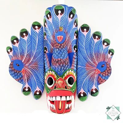 Hand Carved Wooden Blue Color Peacock Mask Wall Decor Ceylon Mayura Raksha - Image 1 of 4