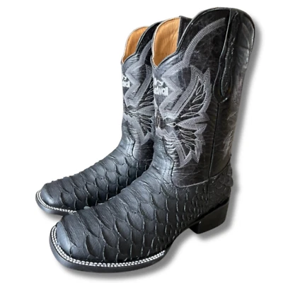 MEN'S COWBOY SNAKE PRINT SQUARE TOE PULL ON BOOT - Handmade in Mexico - Black - Image 1 of 4