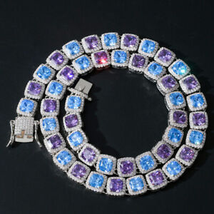 10mm Blue Purple Baguette Tennis Iced Flooded Hip Hop Bracelet Necklace A9390