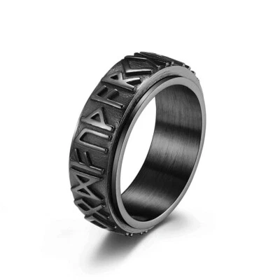 Vintage Viking Runes Spinning Ring Stainless Steel Men's Biker Punk Ring Black - Image 1 of 4
