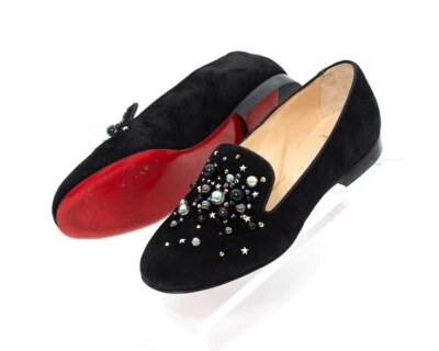 CHRISTIAN LOUBOUTIN Fondo Rojo Cuentas Estrellas Celestiales Negro Gamuza Mocasines Planos Foto 1 de 4
