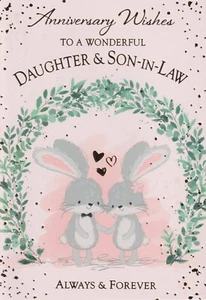 WONDERFUL DAUGHTER AND SON IN LAW ANNIVERSARY GREETING CARD 7"X5" CUTE RABBITS - Picture 1 of 2