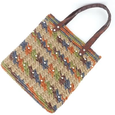 Bolsa tote de crochê com miçangas multicolorida Houndstooth acabamento em couro bolsa satchel boho - Imagem 1 de 4