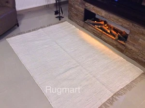 Alfombra corredora de trapo reversible de algodón suave lavable blanca lisa hecha a mano ecológica - Imagen 1 de 15