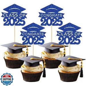 36Pcs Graduation Cupcake Toppers 2025 Deep Blue Glitter Class of 2025 Cake De - Picture 1 of 5