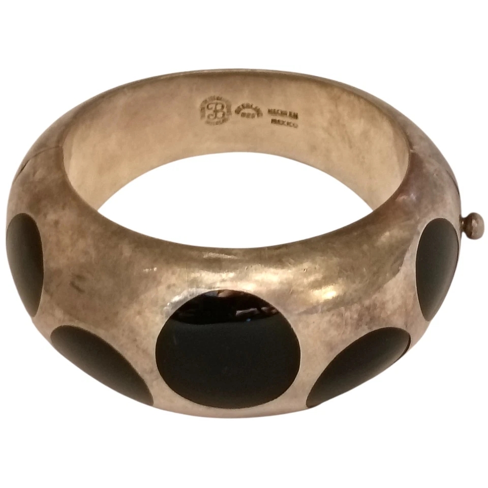 124.9gr!Ballesteros Taxco Mexico Mod Sterling Obsidian Polka Dot Bangle Bracelet - image 1 of 4