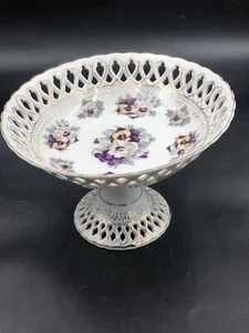 Vintage Royal White Porcelain Pedestal Bowl with Violets Made in Japan - E2 - Picture 1 of 9
