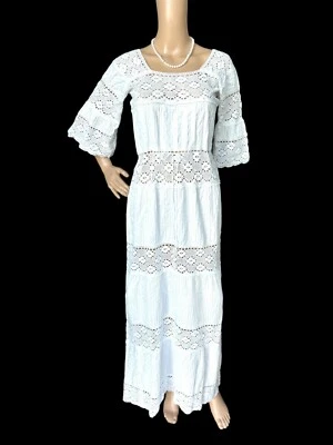 Vintage 70s Mexican Wedding Dress S White Crochet Lace Boho Festival Maxi Sheer - Image 1 of 4