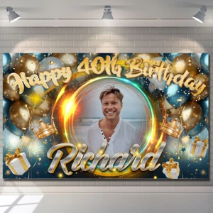 Telón de fondo de cumpleaños personalizado pancarta corona dorada niños niños globo fiesta regalo - Imagen 1 de 6