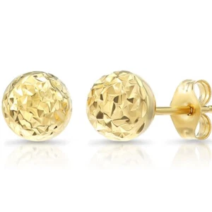 14K Real Solid Yellow Gold Diamond-Cut Round Ball Stud Push-back Earrings - Picture 1 of 19